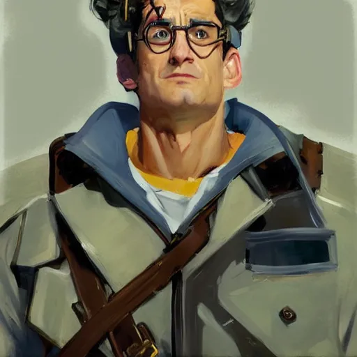 Image similar to greg manchess portrait painting of armored ghostbuster egon spengler as overwatch character, medium shot, asymmetrical, profile picture, organic painting, sunny day, matte painting, bold shapes, hard edges, street art, trending on artstation, by huang guangjian and gil elvgren and sachin teng