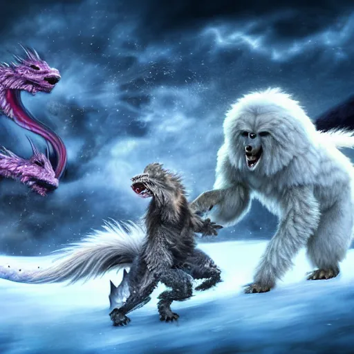 Prompt: fantasy art ultra detailed photo of a yeti and great pyrenees dog fighting a dragon in a blizard