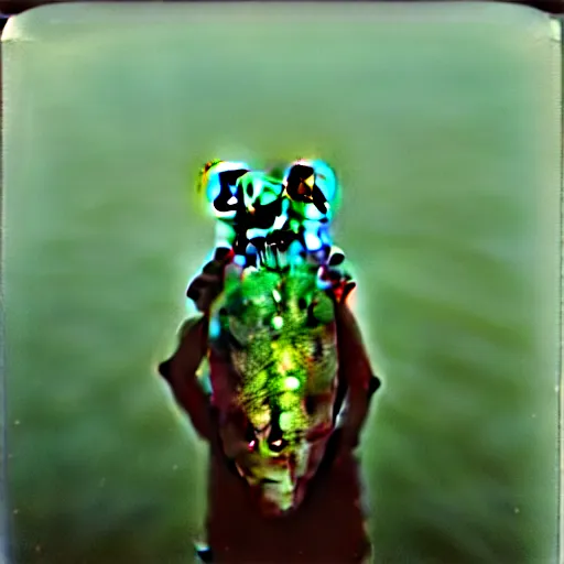 Image similar to semi translucent frog in Jesus Christ pose hovering over misty lake, polaroid photography by Andrei Tarkovsky, spiritual, mystical, mellow