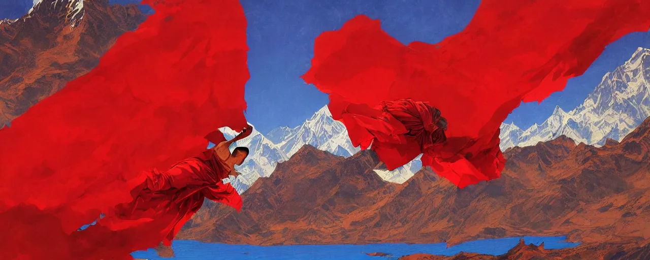 Prompt: a tibetan monk flying over himalaya mountains lake in weightlessness in liquid traditional red cloth. a lot of flying red fabric around, sky and cloth fabric reflected in blue lake water. dark background. illustration by craig mullins, yoji shinkawa, trending on artstation, peter mohrbacher, hyper detailed, intricate, elite, ornate,