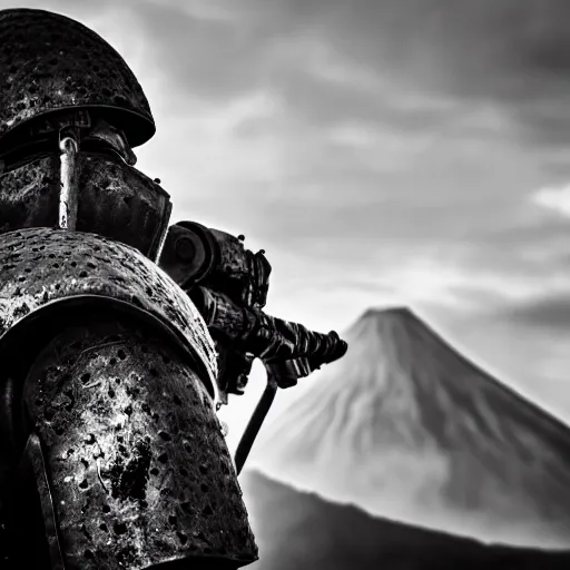 Prompt: Close-up of a heavy-armored soldier standing infront of an erupting volcano, black and white, professional photography, eerie, cinematic