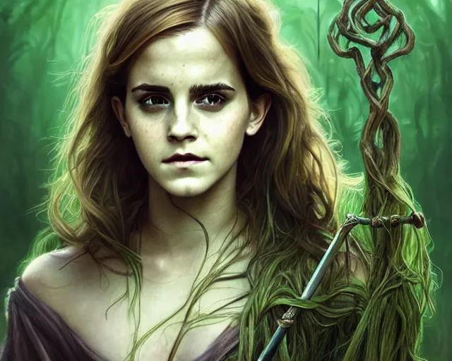 Image similar to mindblowing portrait of emma watson as a swamp witch, green colored skin!!, holding a caduceus staff, messy hair, deep focus, d & d, fantasy, intricate, elegant, highly detailed, digital painting, artstation, concept art, matte, sharp, illustration, hearthstone, art by artgerm and greg rutkowski and alphonse mucha