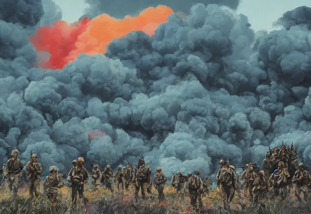 Image similar to handmade colorful illustration of an epic Vietnam War scene with a very few american soldiers walking, one american soldier at the forefront staring at the jungle, blue sky with beautiful clouds, some fire with columns of grey smoke, line art, heavy brushstrokes, oil on canvas by Kilian Eng and by Jake Parker, winning-award masterpiece, fantastic, octane render, 8K HD Resolution, High quality image