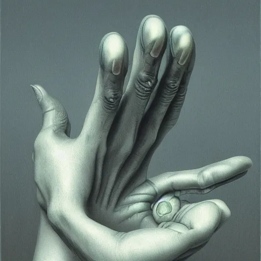 Prompt: Alien Hand Syndrome, illustrated by Zdzisław Beksiński, artistic interpretation, trending on artstation, 4k, 8k