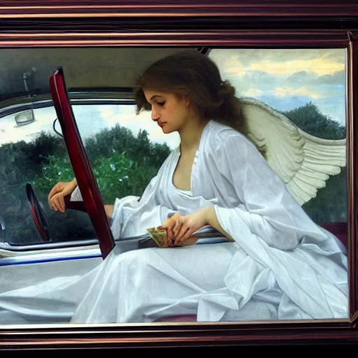 Prompt: an oil painting of an angel driving a 1950s car ordering in drive through, interior view, by Bouguereau, highly realistic and intricate