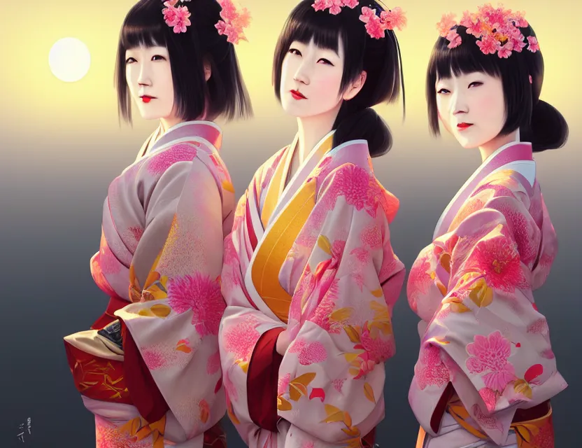 Image similar to two beautiful charming japan girls wear arty kimono in festival | | sunny night, full moon, dreamlike art, realistic shaded, smile, good looking, hyper details, 4 k realistic, cryengine, realistic shaded lighting poster by ilya kuvshinov, fuji choko, ross tran, 8 k resolution, trending on artstation, luxury