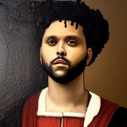 Image similar to a renaissance style portrait painting of the weeknd