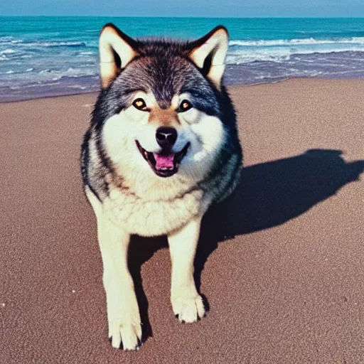 Image similar to an adorable but fierce chubby wolf with rabbit ears, Smiling at the camera with a mischievous grin, at a tropical beach