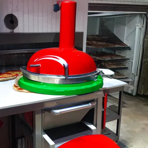 Image similar to eva 02 colored white red and green in front of a building sized pizza oven making pizza