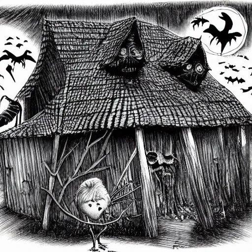 Prompt: Baga Yaga chicken-legged house, Evil Joe Biden, dark and spooky forest