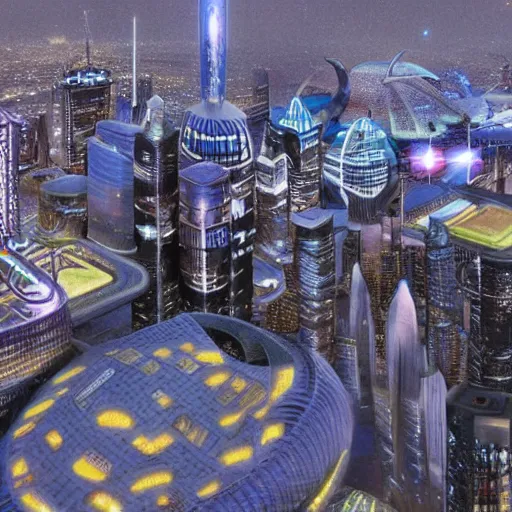 Prompt: futuristic city where the Baltimore Ravens rule the world