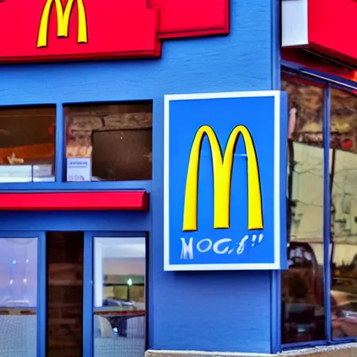 Prompt: McDonald's Restaurant, Blue themed, blue colors, 4k, realistic, award-winning photograph