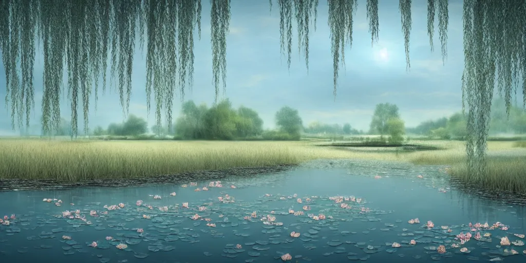 Image similar to a majestic blue heron in shallow river, willow trees, cherry blossom trees, lily pads, bullrushes, marsh, clouds, godrays, intricate, luminescent matte painting, highly detailed, artstation, dusk