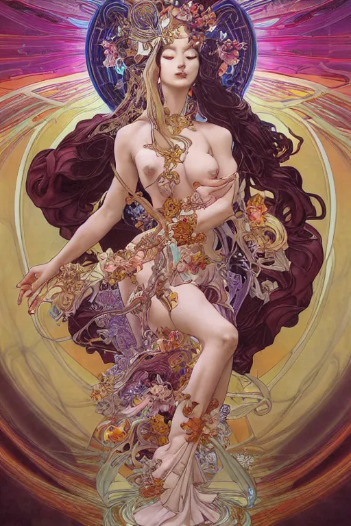 Image similar to the goddess of transcendence, by artgerm and yoshitaka amano and moebius and alphonse mucha, hyperdetailed, dc comics, ornate, nebula, explosions in the sky, trending on artstation