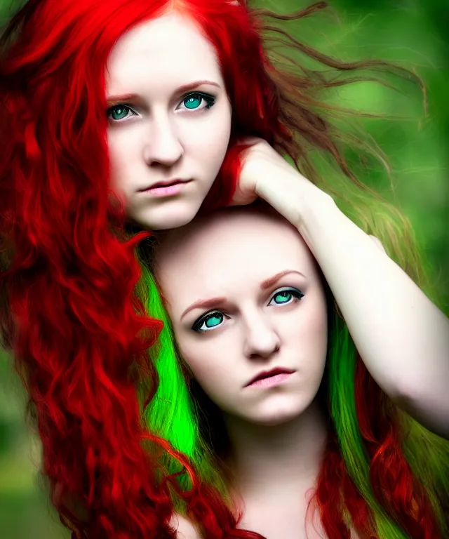 Image similar to Fae teenage girl, portrait, face, long red hair, green highlights, fantasy