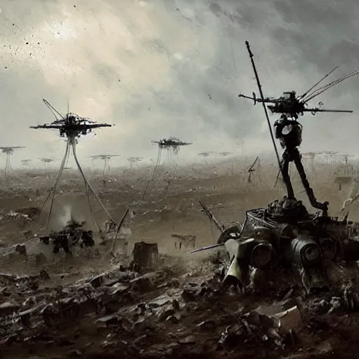 Image similar to war of the worlds, martian tripods attack london, human soldiers try to counter - attack, intense fighting, dital painting, very detailed, art by jakub rozalski