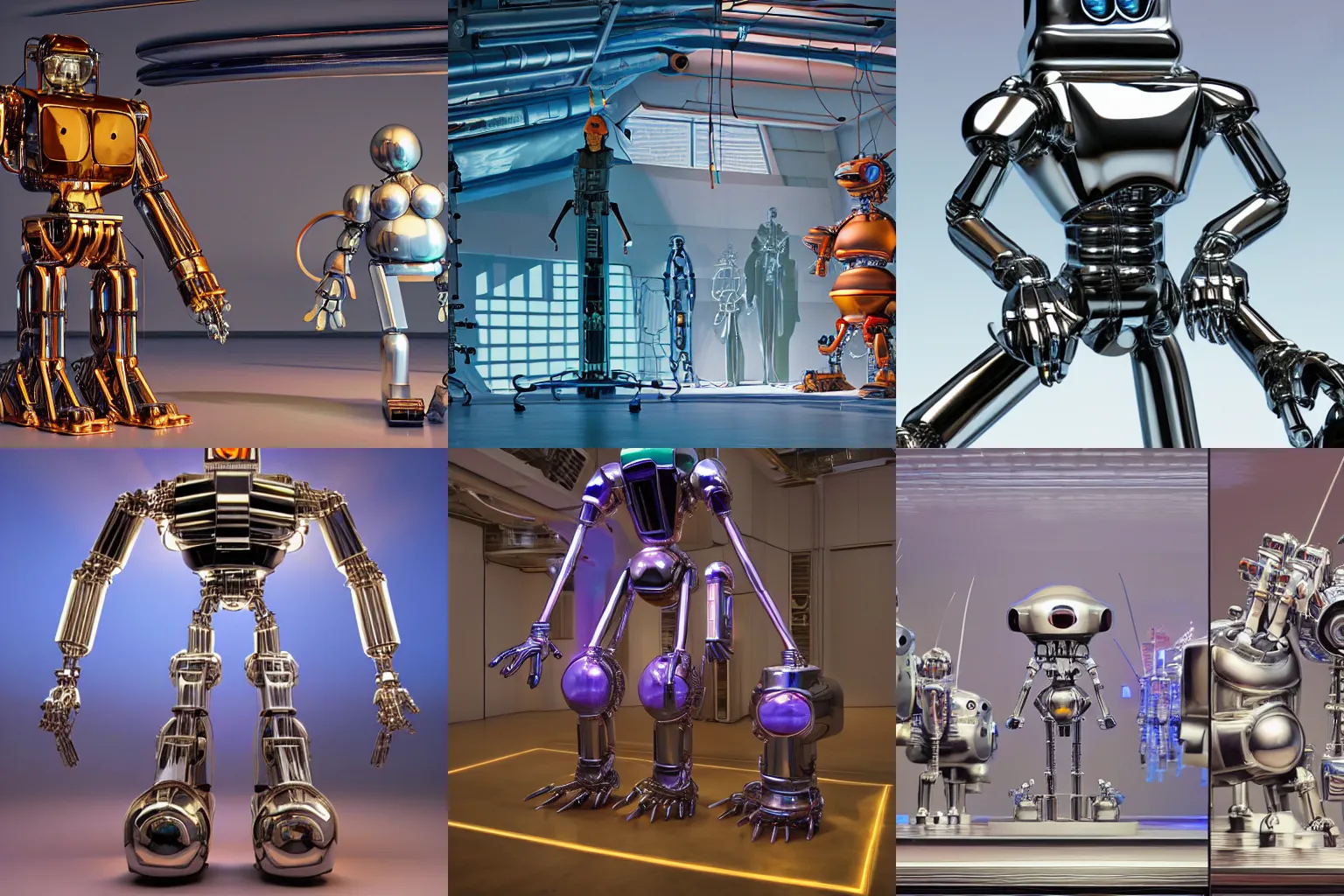 Prompt: A propaganda, chrome simple mechanical mechabot characterdesign sculpture made from chrome wires and tubes by moebius, by david lachapelle, by angus mckie, by rhads, by jeff koons, in an empty studio hollow, c4d