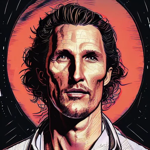 Image similar to a study of cell shaded portrait of matthew mcconaughey concept art, llustration, post grunge, concept art by josan gonzales and wlop, by james jean, Victo ngai, David Rubín, Mike Mignola, Laurie Greasley, highly detailed, sharp focus, alien, Trending on Artstation, HQ, deviantart, art by artgem