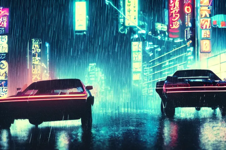 Image similar to a single knight rider, speeding down tokyo highway in the rain, night time, neon lights, thunderstorm, movie still from the film bladerunner