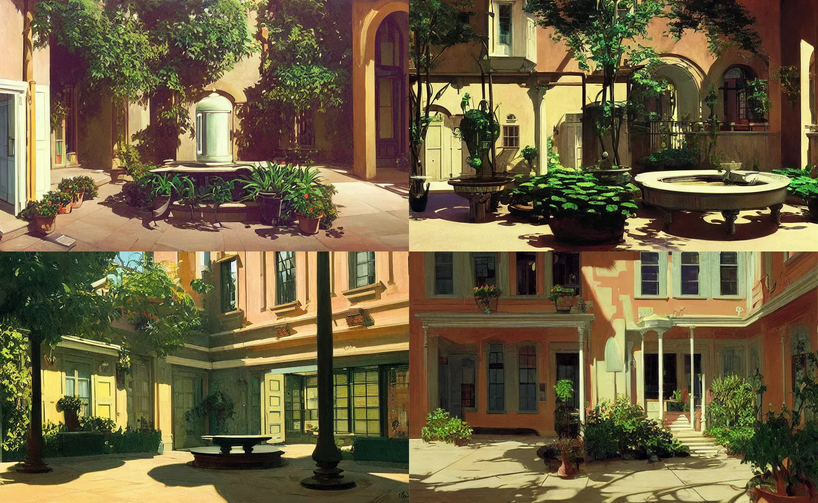 Prompt: an elegant solarpunk Victorian courtyard, painting by Syd Mead and Edward Hopper