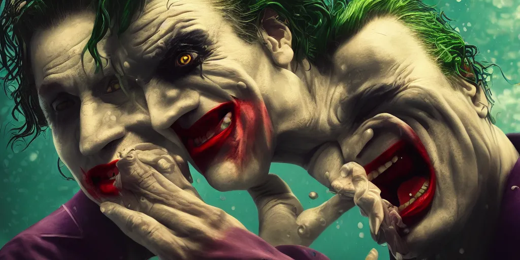 Image similar to The Joker is underwater, drowning, hyperdetailed, artstation, cgsociety, 8k
