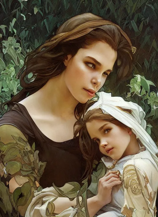 Image similar to a mother cradling her baby, beautiful painting by artgerm and greg rutkowski and alphonse mucha