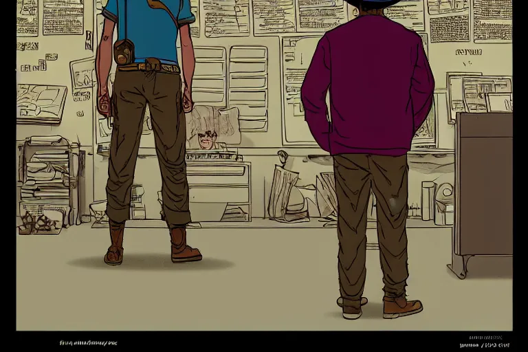 Image similar to full body script supervisor photography of a background character for a film in a world inspired by jean giraud moebius and geoff darrow