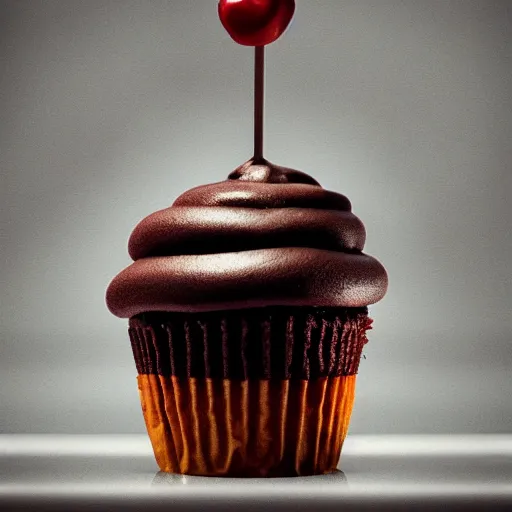 Prompt: a still from a horror move featuring a chocolate cupcake with cream and a cherry on the top, digital art, trending on artstation and unreal engine, smooth, 4 k, poster, high quality, hyperdetailed