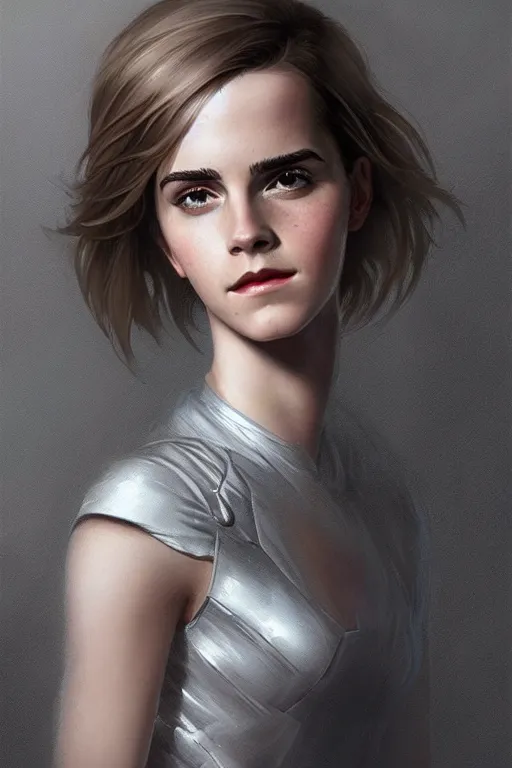 Prompt: science-fiction character portrait of emma watson, short silver hair, tall, elegant, highly detailed, digital painting, artstation, upper body, concept art, smooth, sharp focus, illustration, art by artgerm and greg rutkowski and alphonse mucha