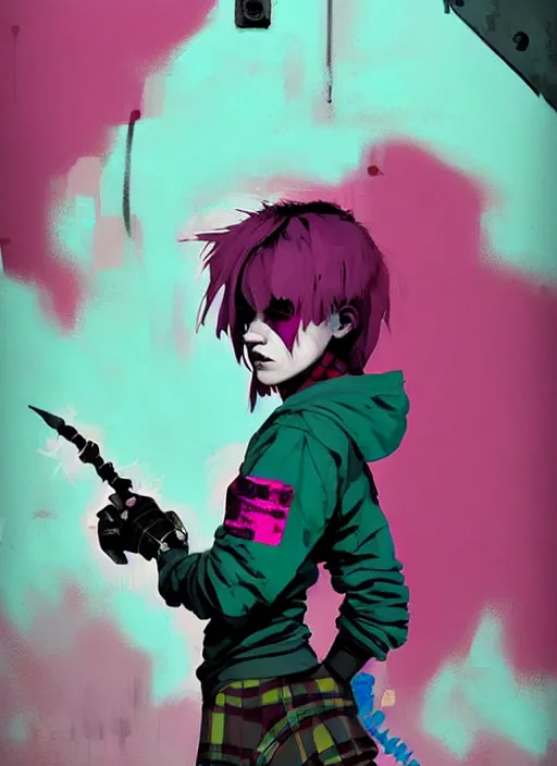 Image similar to highly detailed portrait of a sewer punk lady student, blue eyes, tartan hoody, magenta hair by atey ghailan, by greg rutkowski, by greg tocchini, by james gilleard, by joe fenton, by kaethe butcher, gradient green, black, brown and magenta color scheme, grunge aesthetic!!! ( ( graffiti tag wall background ) )