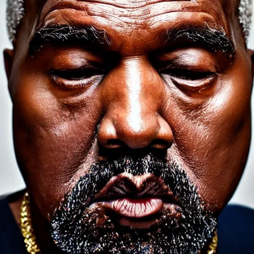 Image similar to the face of old kanye west at 6 6 years old, portrait by julia cameron, chiaroscuro lighting, shallow depth of field, 8 0 mm, f 1. 8