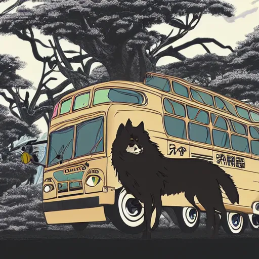 Prompt: A bus looking like a wolf. It is half animal, half machine. 4k Resolution illustration. anime key visual, by studio ghibli.