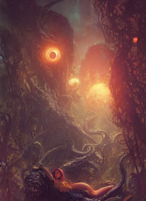 Prompt: my bed is a forest with a giant cthulhu eyes in the night star galaxie by gaston bussiere, anna nikonova aka newmilky, greg rutkowski, yoji shinkawa, yoshitaka amano, moebius, donato giancola, geoffroy thoorens, trending on artstation, featured on pixiv, cinematic composition