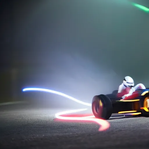Prompt: go - kart racer taking a corner at speed on a race track, motion blur, laser, smoke, debris, fast movement, artistic angle, light streaks, dark mood, night time