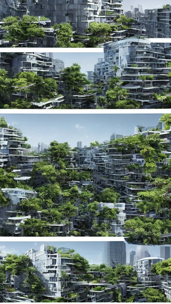 Image similar to 5 - panel comic page layout. crowd talking about sustainable futuristic building in a urban setting. ultrarealistic matte painting on white page. the building has many deep and tall balconies covered in plants and trees. thin random columns, large windows, deep overhangs. plants hang from balconies. greeble articulated details with plants. 8 k, uhd.