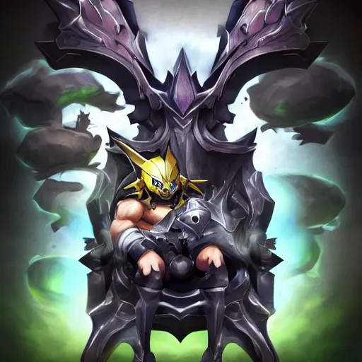 Image similar to Mordekaiser form league of legends sitting on a throne with a pikachu