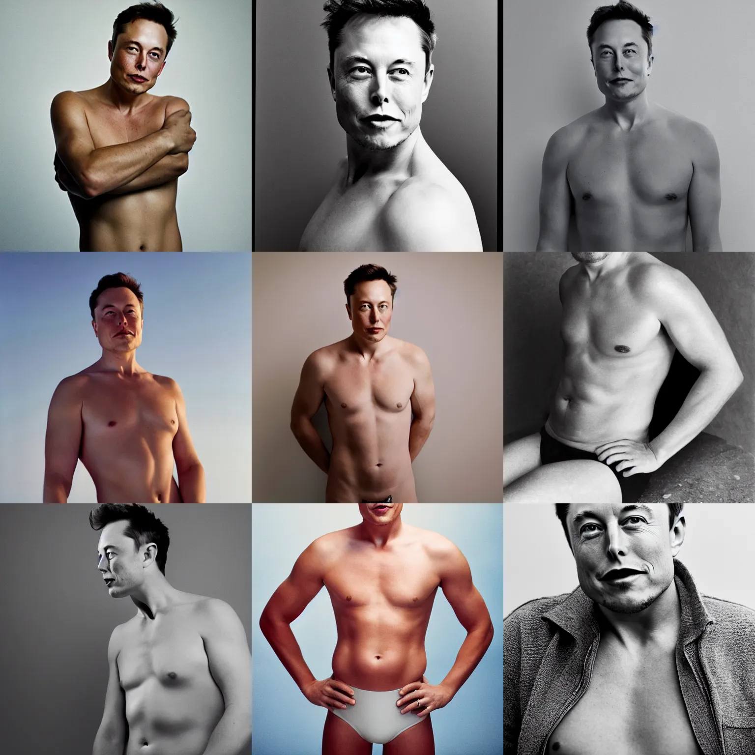 Prompt: Photo of Elon Musk in swimsuit, soft studio lighting, photo taken by Anne Liebovitz for Abercrombie and Fitch, award-winning photograph, 24mm f/1.4