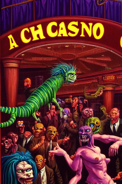 Image similar to a hyperrealistic painting of a chimera riot at the casino, cinematic horror by chris cunningham, lisa frank, richard corben, highly detailed, vivid color,