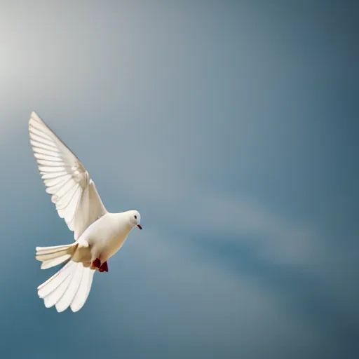 Prompt: a realistic photo of a white dove flying away from the camera in an ethereal cloudscape, high contrast, 8k, film grain, highly detailed, professional photography