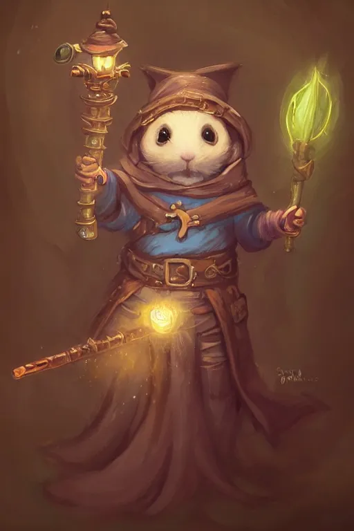 Image similar to cute little anthropomorphic Guinea Pig Mage, wielding a magic staff, tiny, small, short, Wizard robe, cute and adorable, pretty, beautiful, DnD character art portrait, matte fantasy painting, DeviantArt Artstation, by Jason Felix by Steve Argyle by Tyler Jacobson by Peter Mohrbacher, cinematic lighting