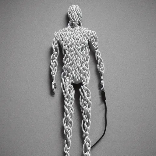 Prompt: a man made out of usb cables, full body shot, realistic shot, intricate details, ultra - realistic, atmospheric shot, expressive, artistic, trending on artstation, 4 k.
