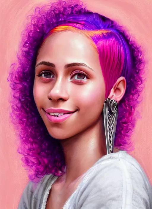 Image similar to portrait of teenage vanessa morgan with bright pink hair, vanessa morgan, curly pixie cut hair, wearing a purple breton cap, breton cap, subtle confident smile, hoop earrings, intricate, elegant, glowing lights, highly detailed, digital painting, artstation, concept art, smooth, sharp focus, illustration, art by wlop, mars ravelo and greg rutkowski