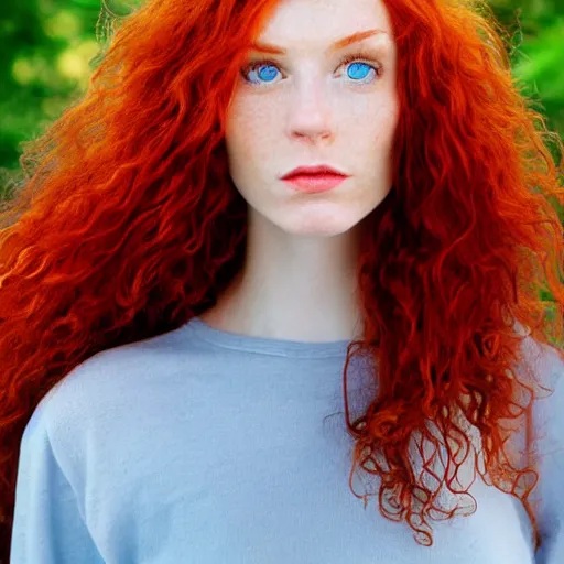 Prompt: Close up 35mm nikon photo of the left side of the head of a redhead photomodel with gorgeous blue eyes and wavy long red hair, who looks directly at the camera. Whole head visible and covers half of the frame,.