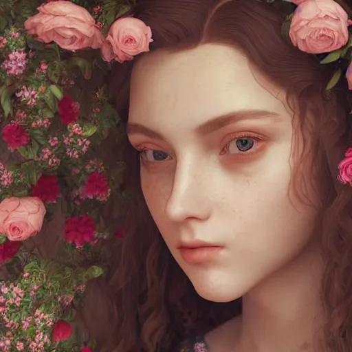 Image similar to princess portrait, adorned with flowers, dewy eyed, glossy features, symmeyric features, red wavy hair, fine art painting, renaissance style, fabric inspired details, hd, 3 d, octane render, 8 k