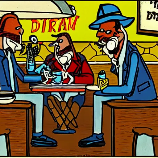 Image similar to terry gilliam style cartoon of nighthawks at the diner