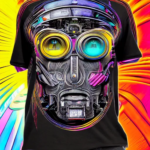 Image similar to black tshirt with a hyperdetailed portrait of a trippy diesel punk robot, 8 k, symetrical, flourescent colors, halluzinogenic, multicolored,