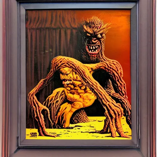 Image similar to a monster reaching through a framed painting, by richard corben. pulp horror