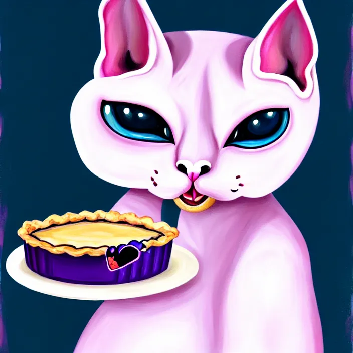 Image similar to an anthropomorphic sphynx cat fursona with big eyes eating a slice of blueberry pie, furry art, cute, oil on canvas, soft lighting