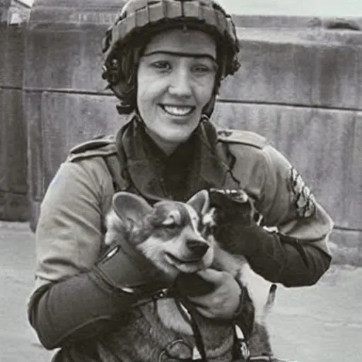 Image similar to female soldier with corgi sniffer dog, old photograph in sci-fi city