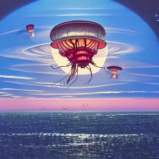 Image similar to a beautiful painting of a group of jellyfish fly in sunset by Angus Mckie, Trending on artstation